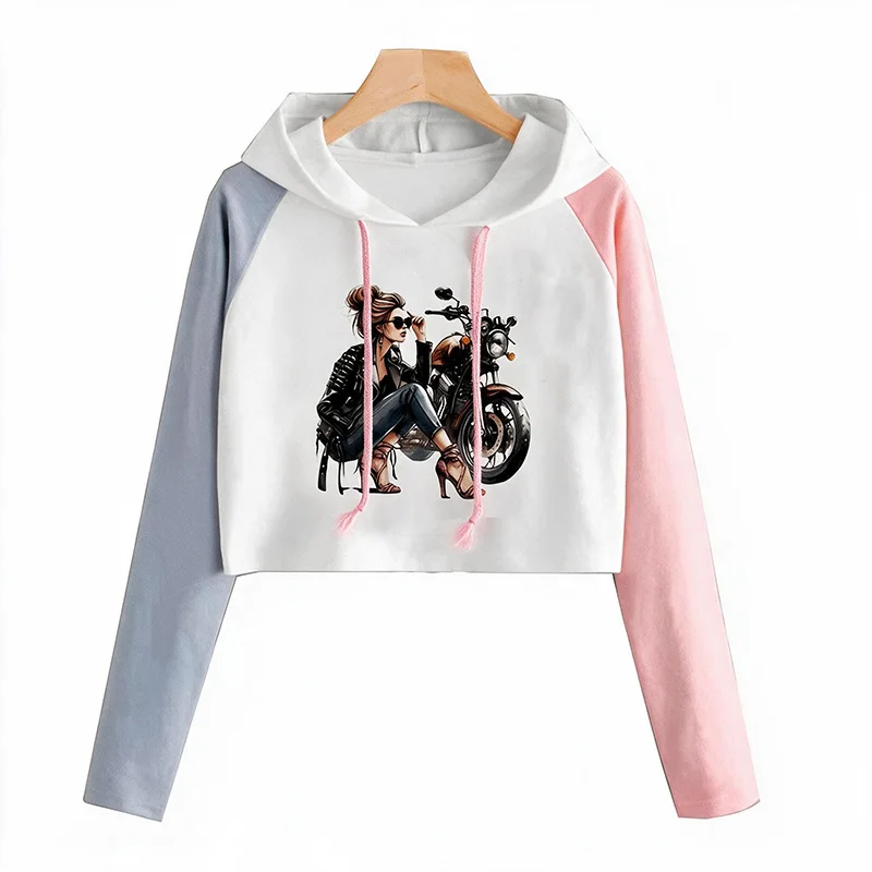Retro Motorcycle Women Print Cropped T-shirt 90s Gothic Sexy Women's Outfit Long Sleeve Crop Tops Ladies T Shirt Clothes Female