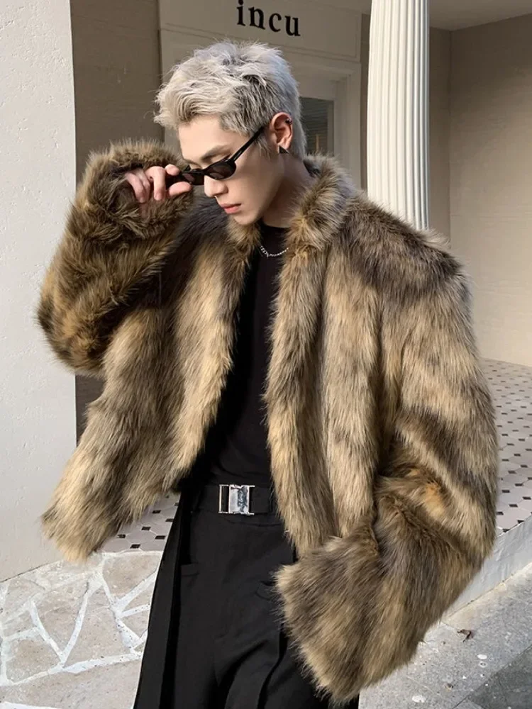 Korean Fashion Fox Hair Men's Jackets High Street Silver Fox Fur Short Thickened Casual Winter Streetwear Warm Faux Fur Coat New