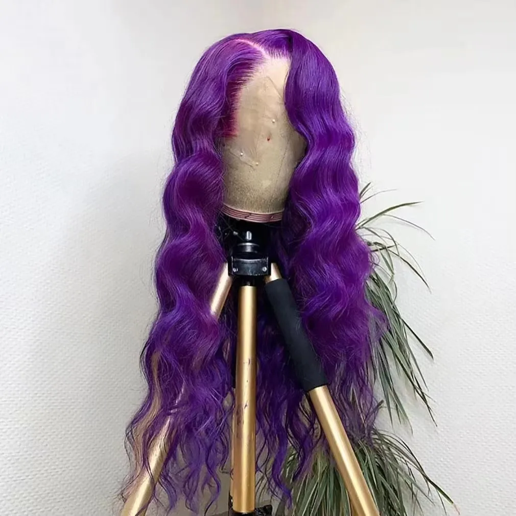 Mxwig rambut sintetis ungu lembut tubuh gelombang 13X4 renda depan Wig untuk wanita tanpa lem sebelum tahan panas Cosplay