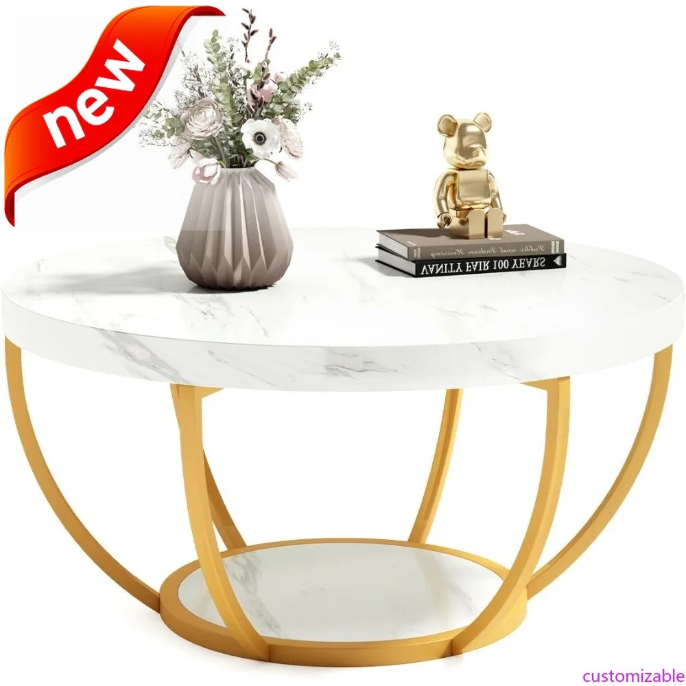 

Customizable-Round Coffee Table, 32" Circle Faux Marble Coffee Tables For Living Room, 2-Tier Golden Metal Legs Accent Center Ta