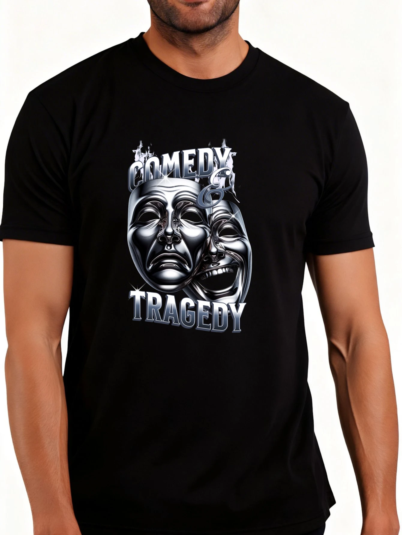 Casual Style Men's T-Shirt with a Comedy and Tragedy Theater Mask Design, Suitable for Everyday Wear and Seasonal Fashion Gifts, Ideal for Theater Enthusiasts and Theater Lovers.