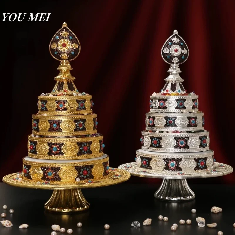 

1Set Buddhism Guardian Manza Plate,Contains Gems Tibetan Inlaid Gem Alloy 4 Layer Tantric Altars Tray Handicrafts,Buddhist Item
