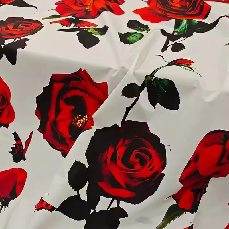 

Red Rose Flower and Butterfly Printed Poplin Cotton Fabric For Dress/Blouse Telas Para Costura Tissus DIY Sewing Material