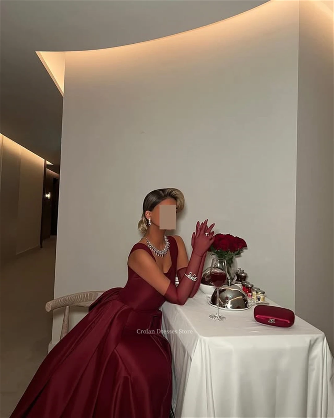 Vestidos de Noche de satén con cuello cuadrado, corte en A, con lazo, tirantes finos color Burdeos, sin mangas, volantes, vestido Formal de fiesta, Arabia Saudita