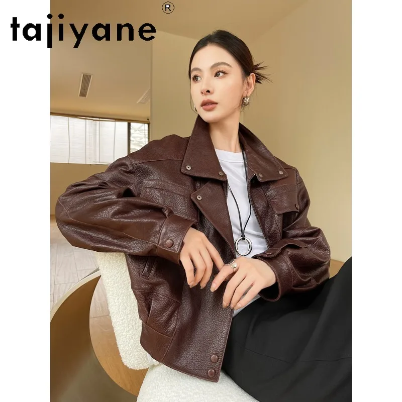 TAJIYANE High-end Bubble Sheepskin Leather Jacket Women Real Leather Coat Cropped Jackets for Woman Loose Outerwear Lapel 자켓