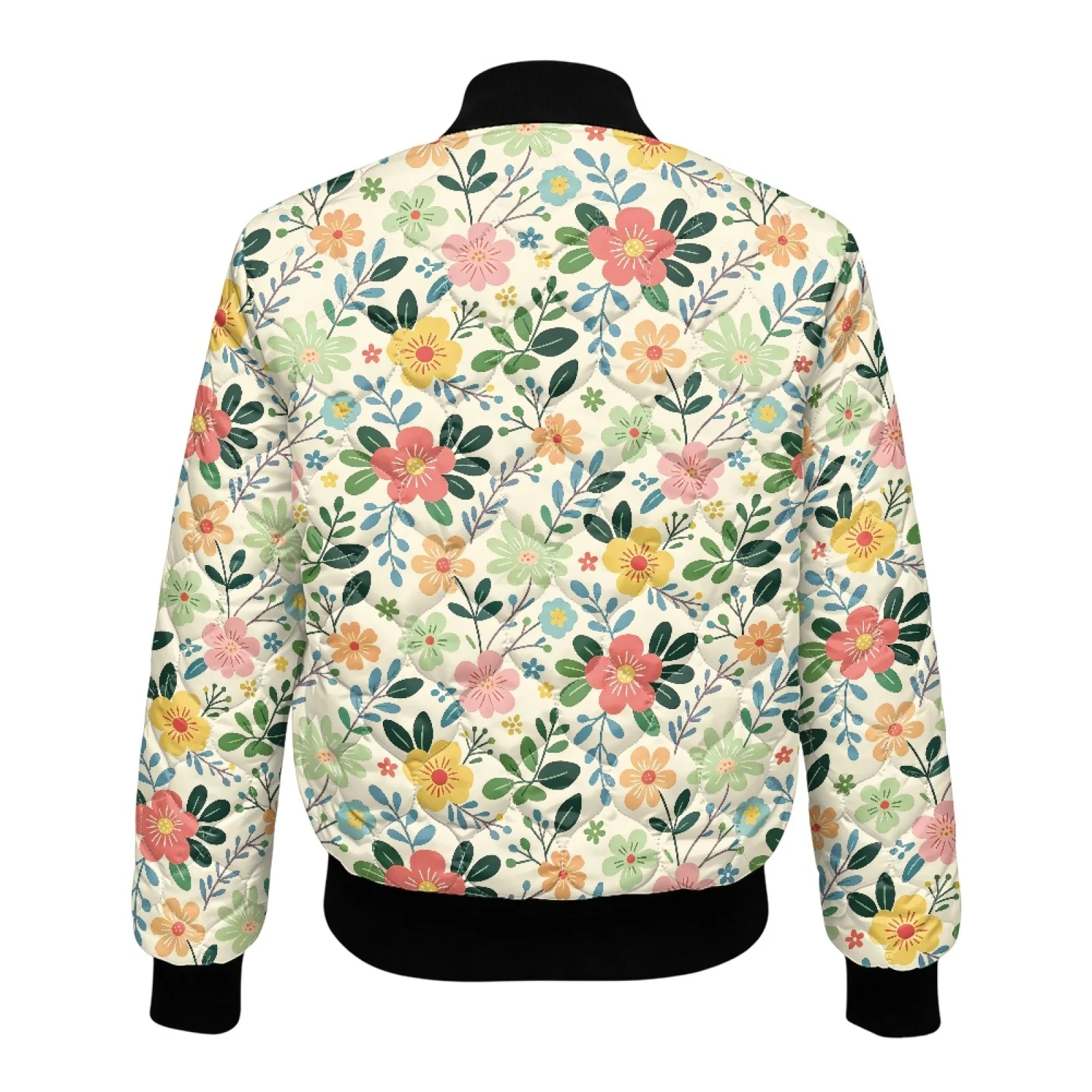 PENSTROLL Vibrant Floral Print Lightweight Quilted Bomber Jacket for Women, Water Resistant Windproof Outerwear for Work Travel