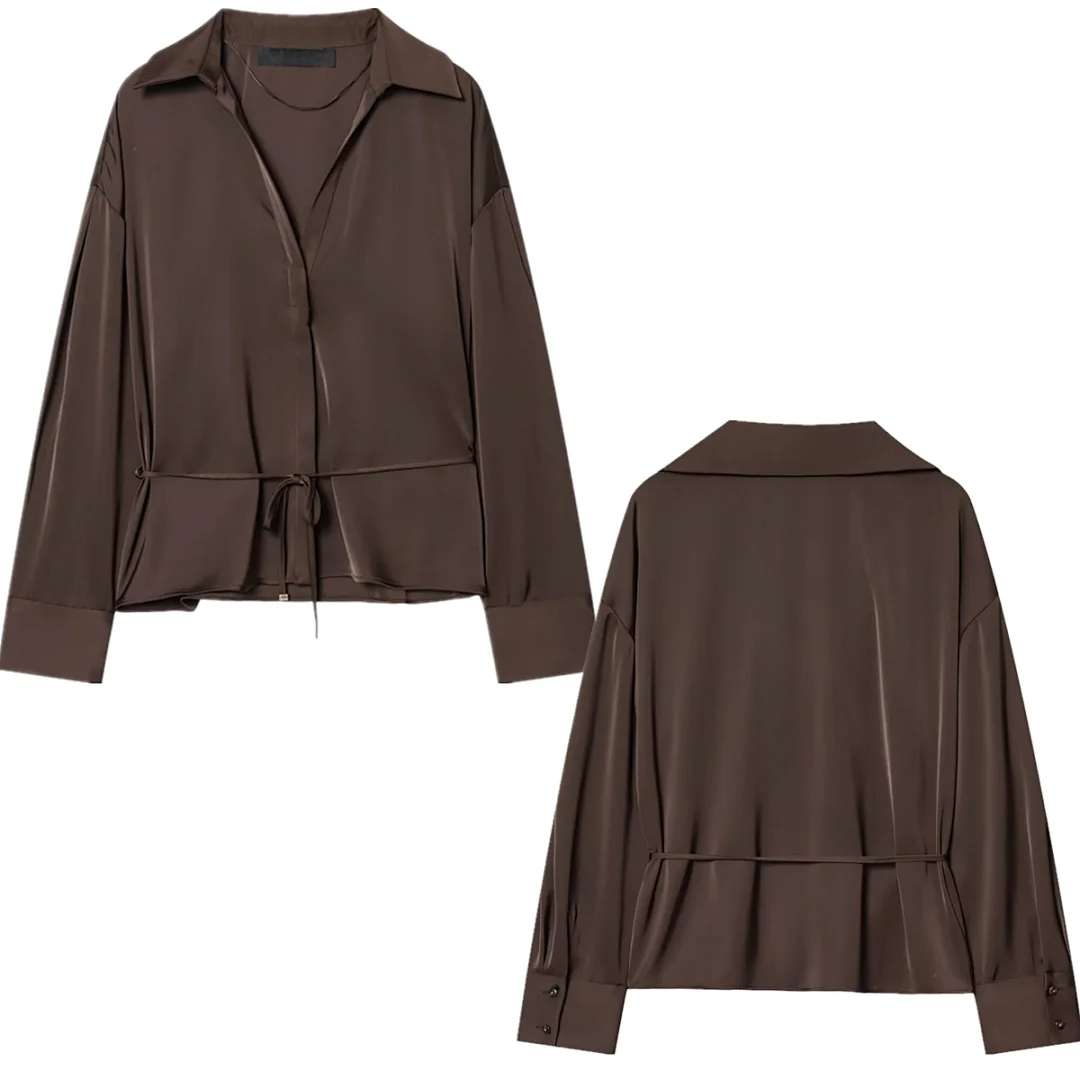 

Jenny&Dave Fashion Elegant Coffee Satin Shirts & Blouses 2026 Pleated Slim Fit Long Sleeve Sexy Shirt Women's Clothes Shirts Top