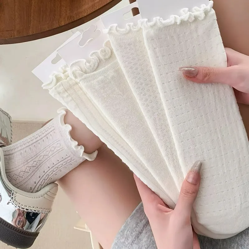 Sweet Summer Mesh Socks for Women Hollow Breathable Lace Cotton Ruffles Girls Lolita Fashion Ultra-thin Middle Tube Stockings