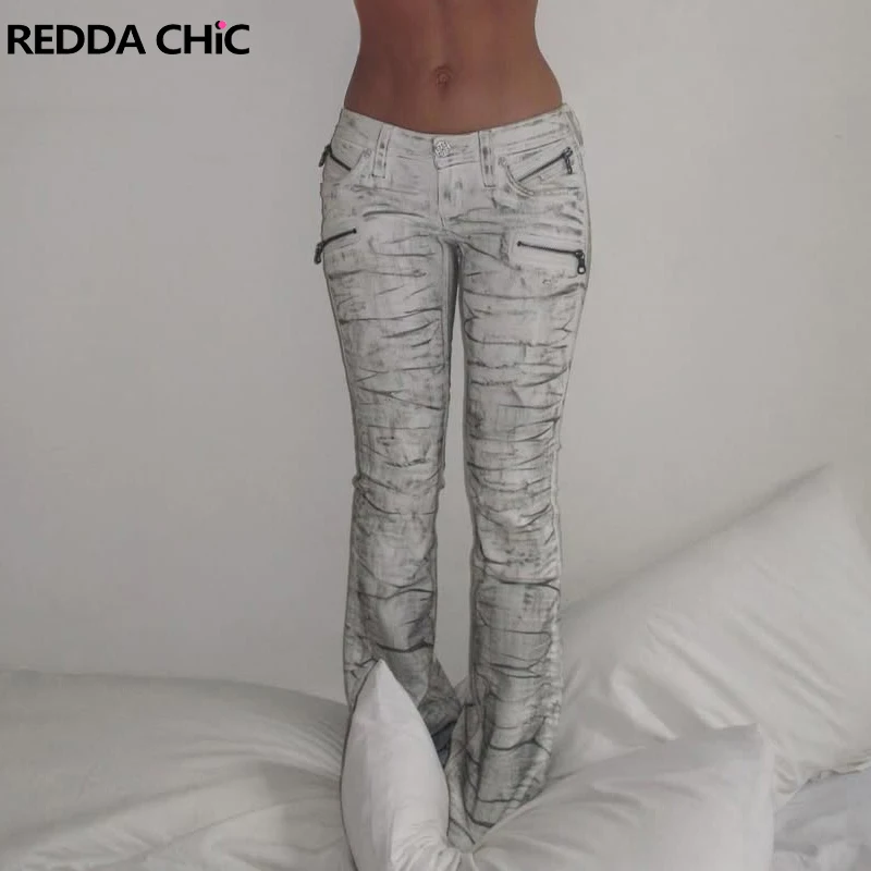 

REDDACHiC White Dusty Flared Jeans for Women Distressed Grunge Low Waist Zipper Pockets Tight Bell Bottoms Y2K Gyaru Streetwear