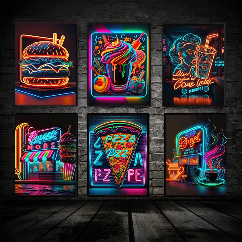 Neon Art Pizza Hamburger Coffee Ice Cream Poster Wall Canvas Painting Prints Pictures Fast Food Restaurant Club Bar Home Decor