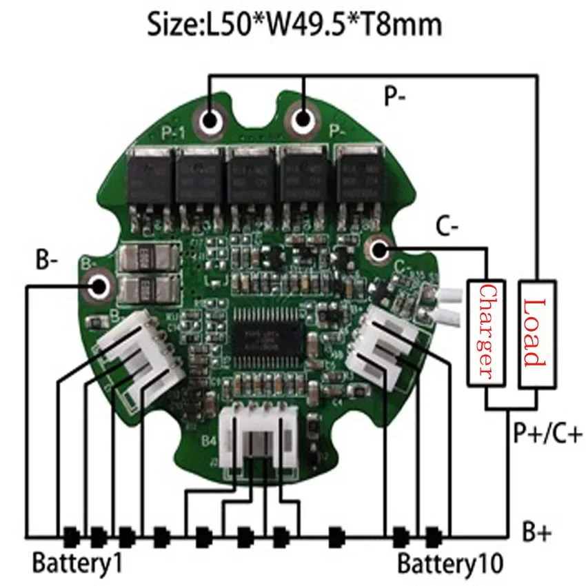 Split Port Round BMS with Temp Sensor 10S 36V 20A Bottle BMS Battery Pack Split Door for Charging and Dischargings