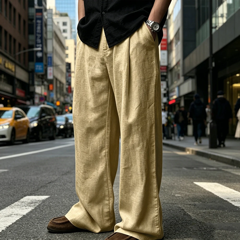

Vintage Loose Fit Linen Pants Pleated High Waist Wide Leg Slacks Lightweight Breathable Casual Business Trousers