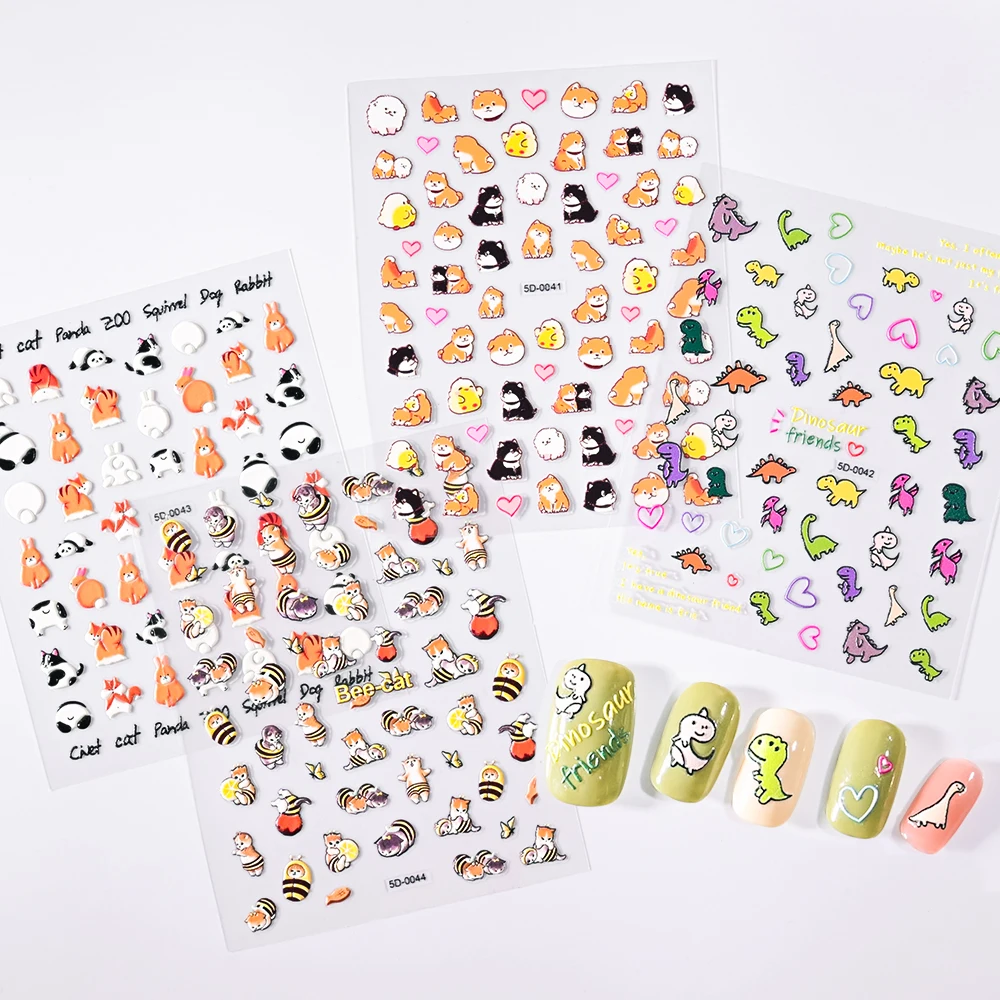 2023'New Cute Cartoon Stickers for Nails Dinosaur Design Nails Art Decoration 5D Slider Decals Nail Polish Manicure Stickers