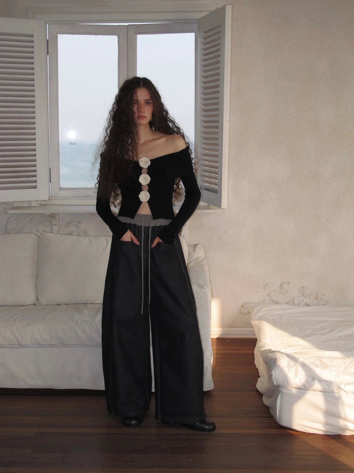 

High Waist Fce Lined Wide Leg Denim Jeans Cariedo Belted Inner ket Knife Casual Cotton Polyester Blend Women's Trousers