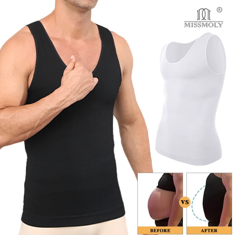 قميص Miss Moly الرجالي المضغوط للتخسيس بدون أكمام ملابس داخلية مثيرة برقبة على شكل حرف U ومدرب خصر بدون أكمام للتحكم في البطن واللياقة البدنية