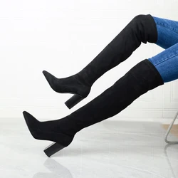 Women Winter Boots Slim High Heel Suede Stretched Over Knee Long Boots Sexy Pointed Down Thigh Long Botas Fashion New Style