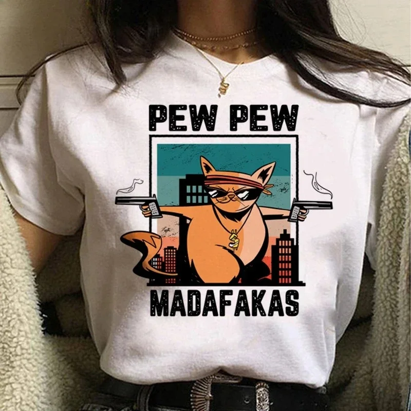 

Pew Pew Madafakas T Shirt Women Kawaii Summer Tops Cartoon Tshirt Funny Black Cat Graphic Tees Unisex Harajuku Streetwear Female