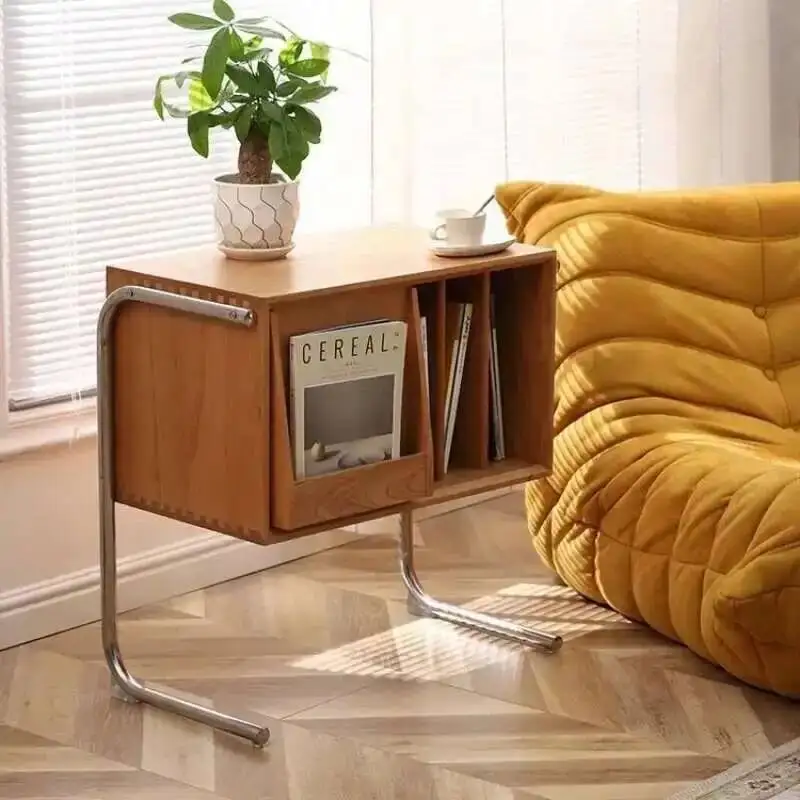 

Nordic Wood Sofa table Book Organizer with wheels Movable Edge End table Antique Storage Rack Ins Wind Retro Magazine Cabinet