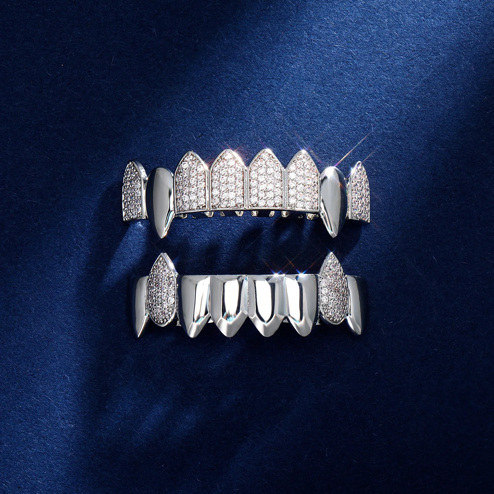 YOUNGX Hip Hop 8/8 Glossy CZ Stone Teeth Grillz Cubic Zircon Top&Bottom Tooth Caps For Women Men Body Jewelry Fangs