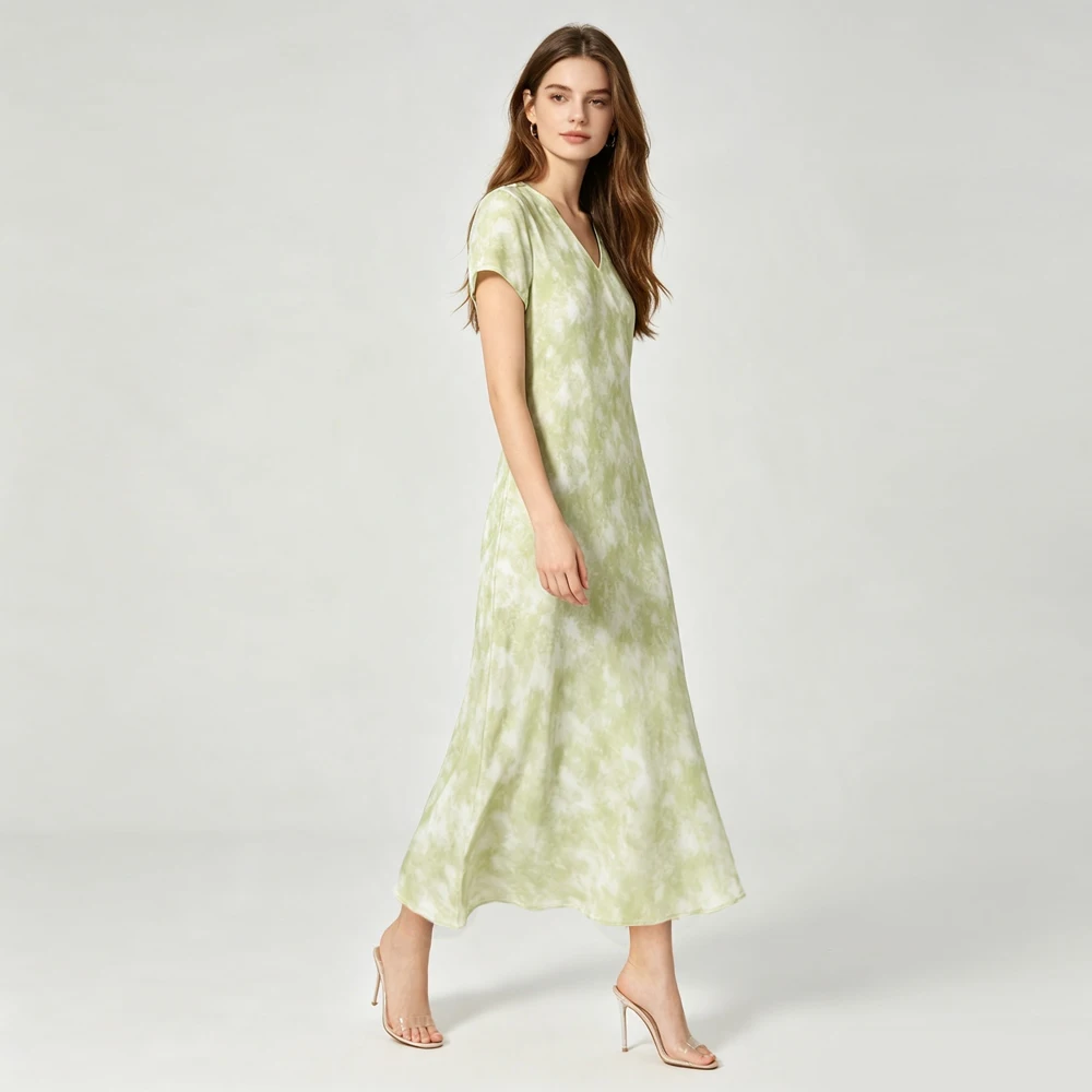 2026 Women's Casual Summer New Slant Cut 100% Natural Mulberry Silk Crepe De Chine Print V-neck Short Sleeve Party Dress