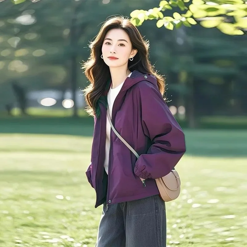 

Spring Autumn Female Solid Color Stormtrooper Coat 2025 Women Fashion Hooded Top Jacket Korean Lady Long Sleeves Zipper Outwear
