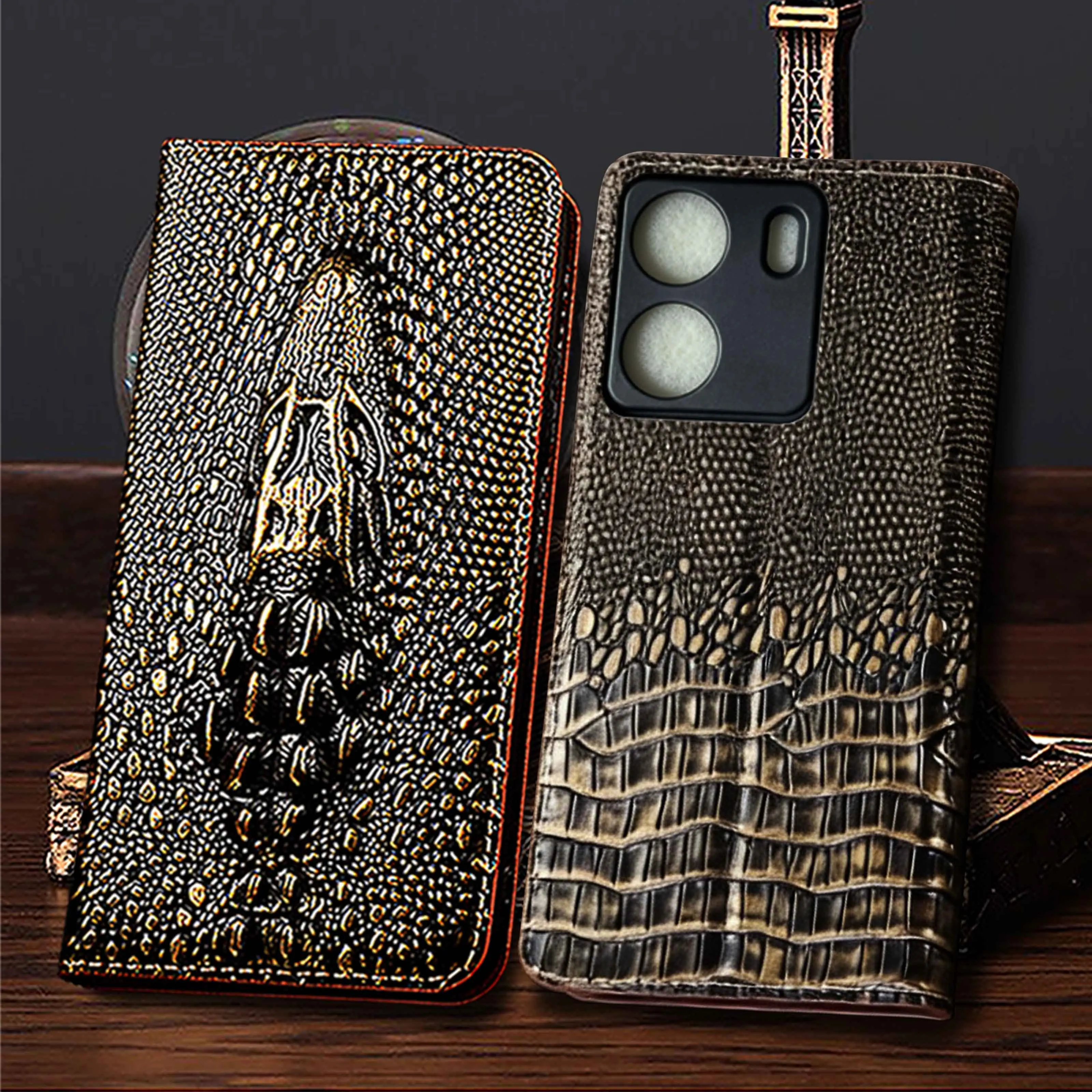 

Genuine Leather Flip Phone Case For Redmi Turbo 3 4 10C 10A 12 12C 13 13C 13R 14C 14R 15 4G 5G Vintage Crocodile Head Pattern
