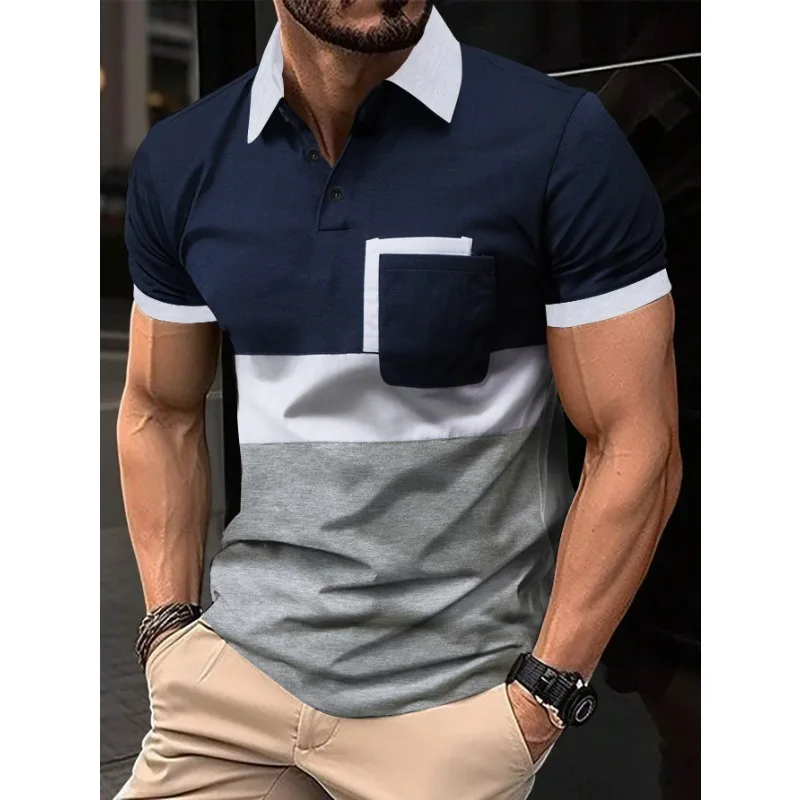 

New Men's Geometric Mosaic Color Tooling Shirt Cotton POLO Fashion Breathable Lapel T-shirt