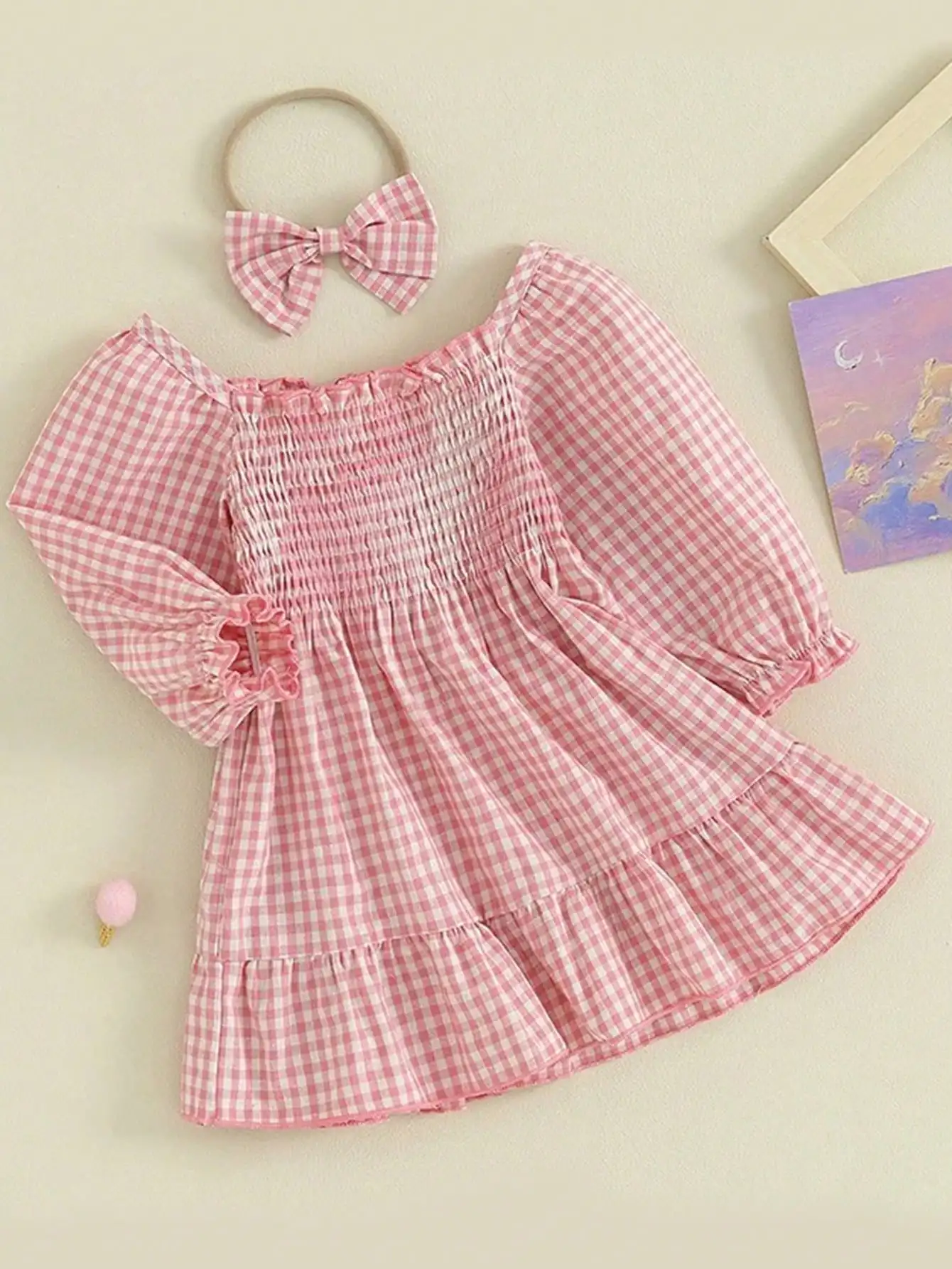 

Baby girl autumn and winter plaid casual dress headband two-piece set