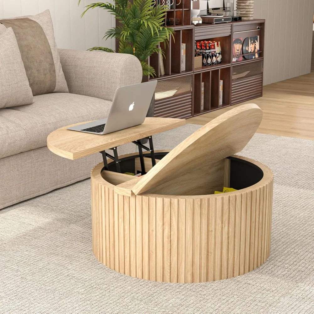 Coffee Table with Storage, Round Coffee Tables for Living Room, Wood Center Table with Large Hiddern Storage Compartment