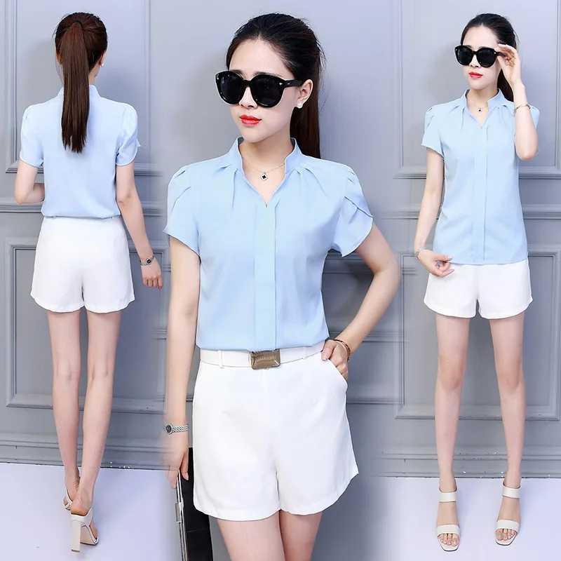 Elegant Female Shirt Short Puff Sleeve Fashion Leisure Chiffon Blouse Tops Chic Sexy V-Neck Loose Shirts Workwear Summer