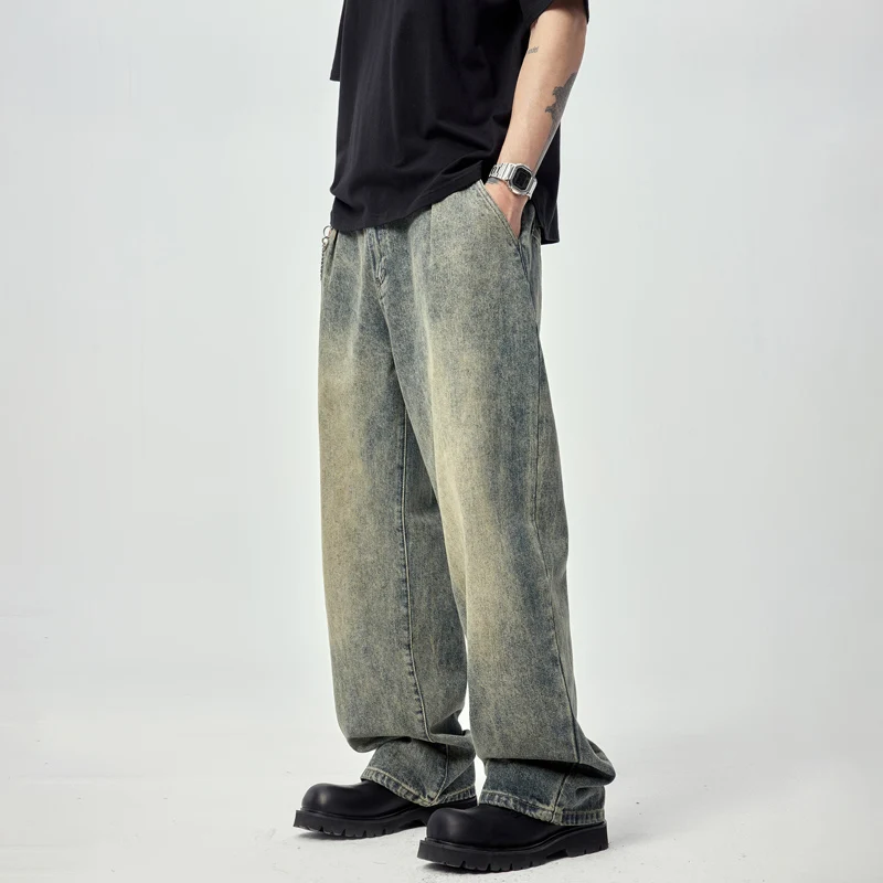 

Street Washed-out Vintage Jeans Men's Loose Straight Korean Style Trendy All-Match Nostalgic Mop Wide Leg Pants