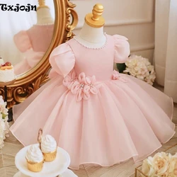 Cute Pink Puff Sleeve Tulle Ball Gown For Girls Birthday Party Charming 3D Flower Princess Dresses Catwalk Show Customized 2025