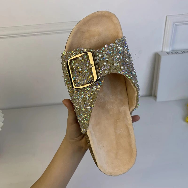 Popular Women Beach Sandals Single Buckle Pearl Sequins Home Fall Leisure Vacation Outside Wear Women\'s Flat Slippers