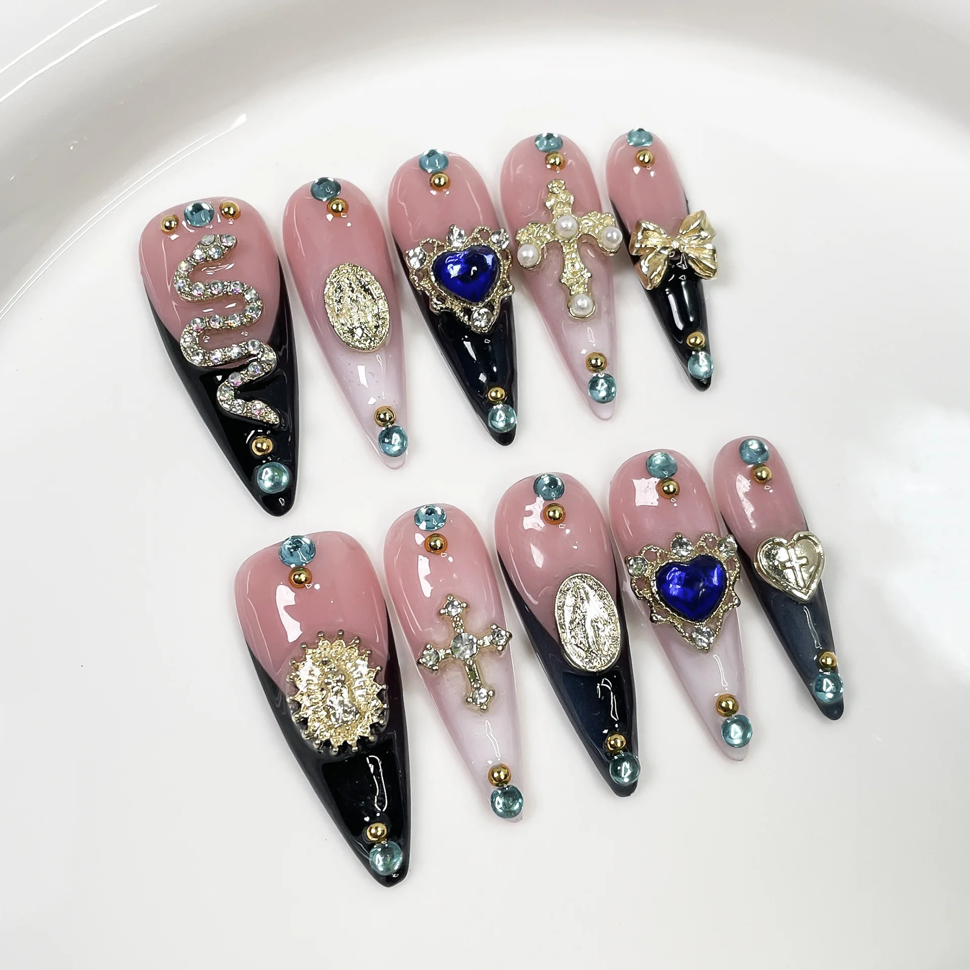 10 Uds. De puntas de uñas postizas hechas a mano de aguja larga, Metal de serpiente Vintage decorativo, especias francesas, uñas acrílicas, cobertura completa, prensa en las uñas