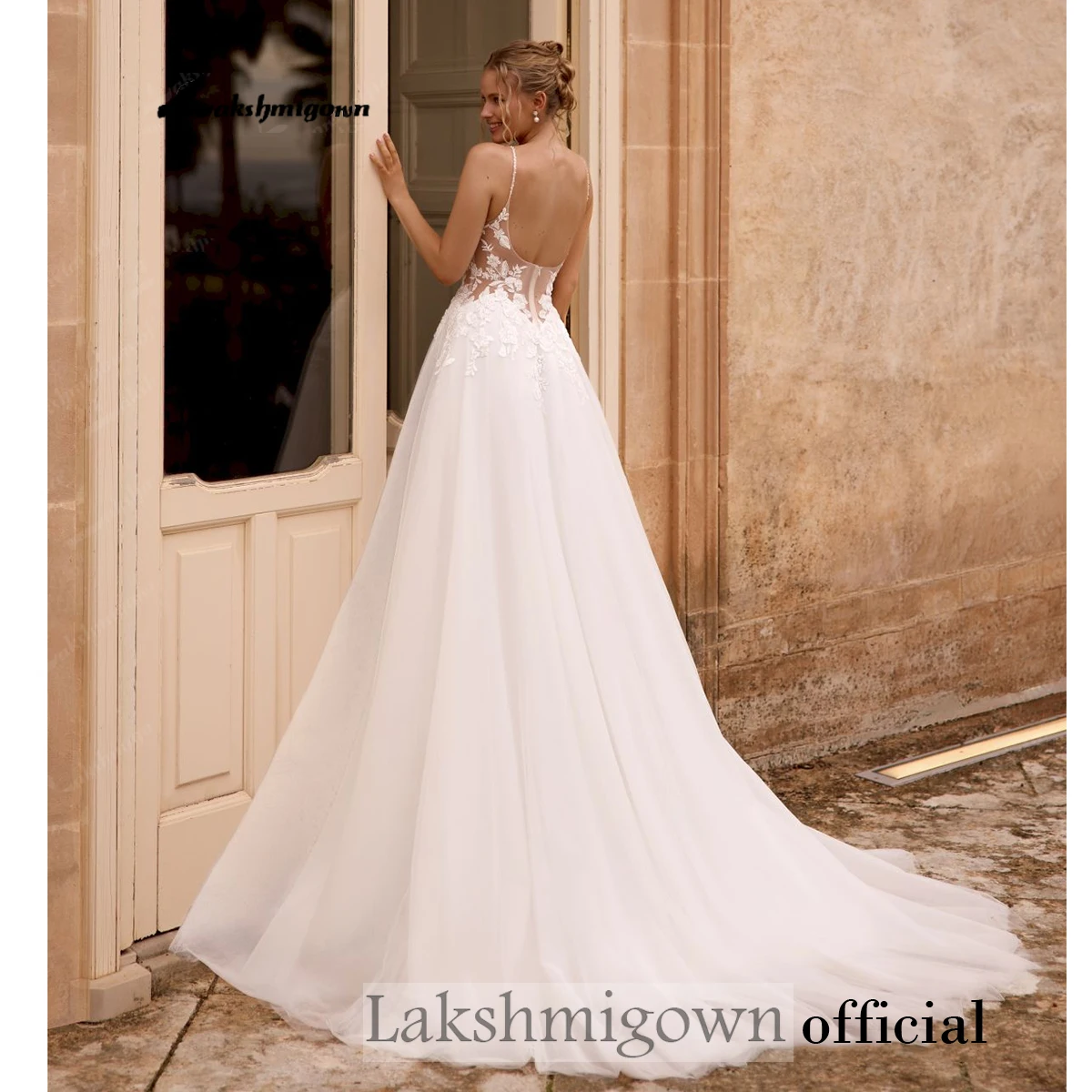 Lakshmigown Strandhochzeitskleider mit Perlen, Spitzenapplikationen, sexy Brautkleider aus Tüll im Boho-Stil, Spaghettiträger, nach Maß gefertigt – Detail 6