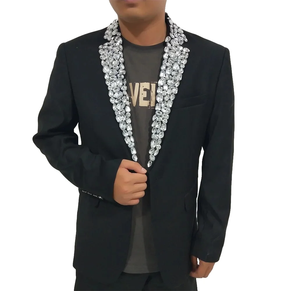 Formal Rhinestones Black Blazers Men\'s Singer Host Stage Performance Slim Coat Costume Party Groom Wedding Suit Jackets