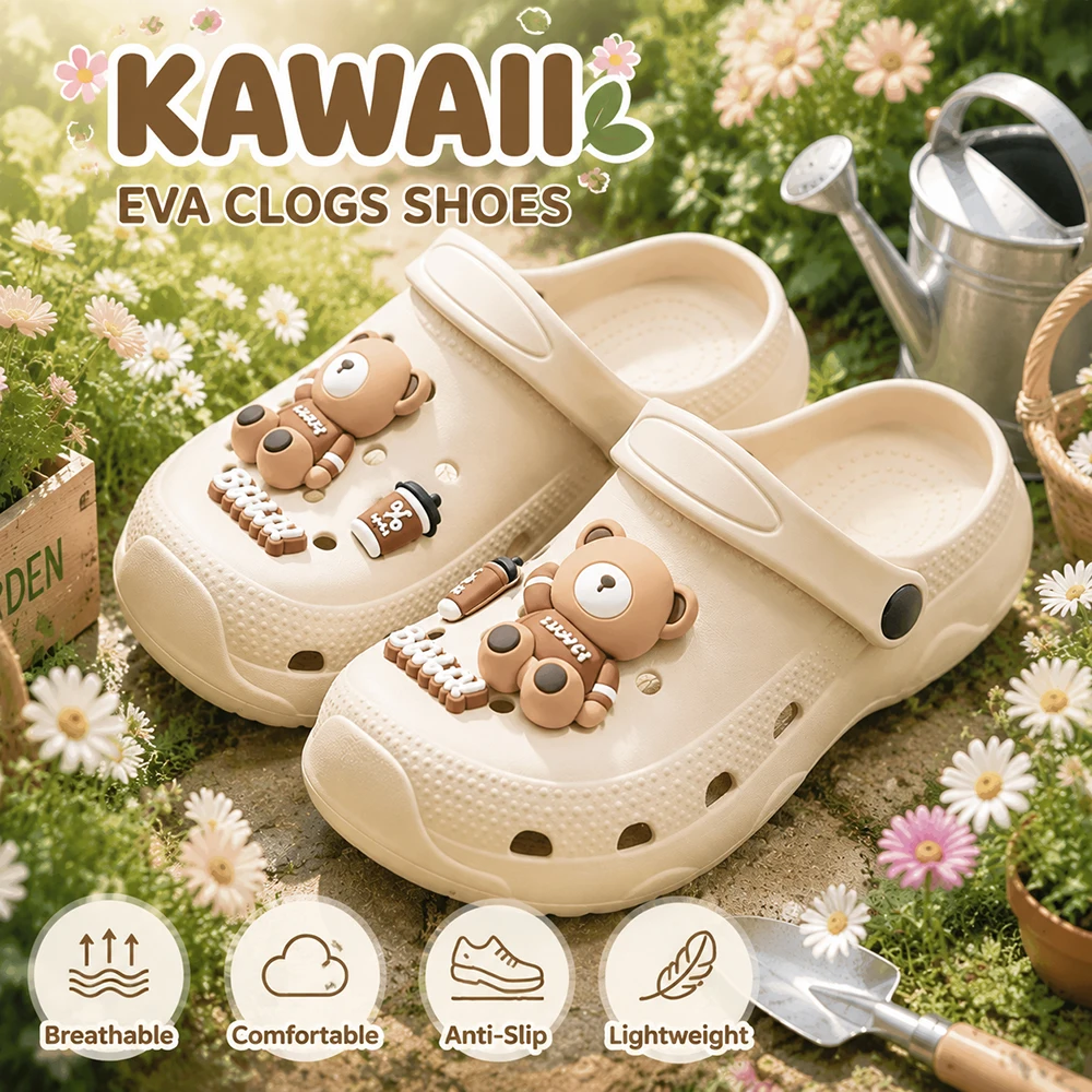 Women Cute Bear Kawaii Charm EVA Clogs Lightweight Breathable Anti-Slip Garden Shoes Indoor Shower Outdoor Summer Beach Slippers