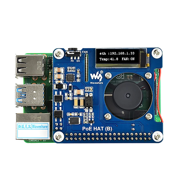 Raspberry Pi Power Over Ethernet Expansion Board PoE HAT 802.3af With Cooling Fan Temperature OLED For Raspberry Pi 3B+ 4B