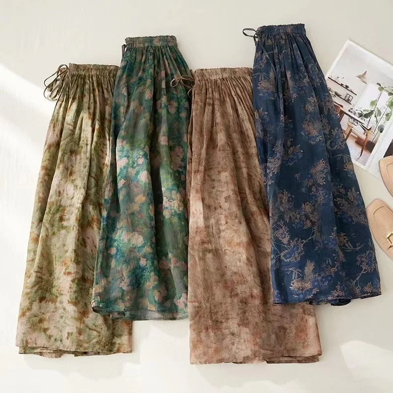 2024 New Summer Vintage Women Skirts Casual Floral Printed Long Skirts Elastic Waist Drawstring Female Loose Skirt Jupe Femme