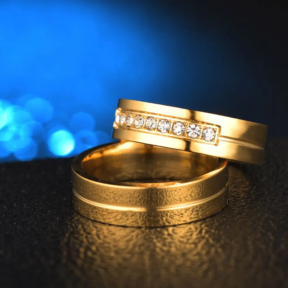 

Women Men Cubic Zirconia Golden Silver AAA CZ Wedding Band Ring Couples Ring Stainless Steel 18K Gold Plated