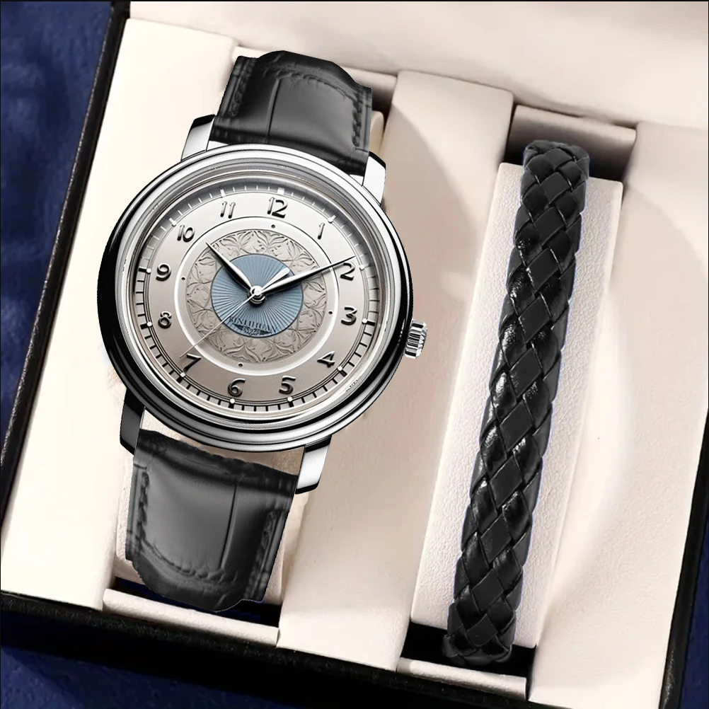 Часы, комплект из 2 предметов, бесплатный браслет, модные мужские деловые черные кожаные водонепроницаемые кварцевые часы