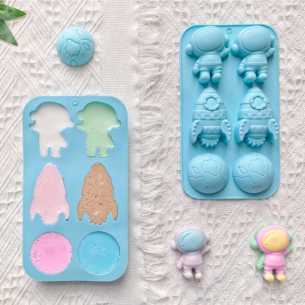Molde de bolo de silicone com tema espaço criativo, 6 câmaras, astronauta 3d, foguete, terra, molde para chocolate, doces, decoração de bolo, mousse