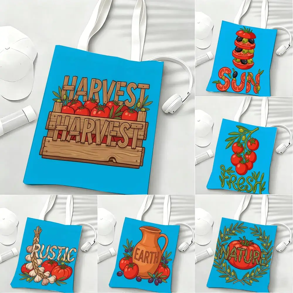 Bolsas de almacenamiento con diseño de tomate y aceitunas mediterráneas, bolsa de lona plegable ligera, bolsa de compras reutilizable con correa para el hombro