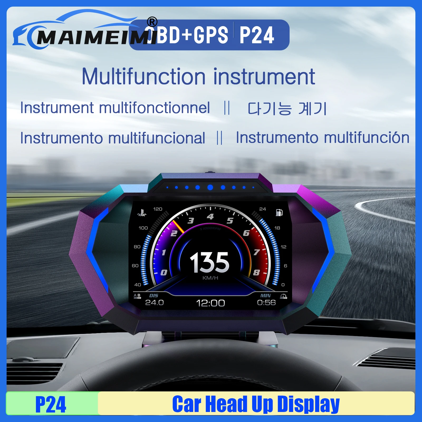 MAIMEIMI OBD + GPS HUD P24 Car OBD Head Up Display on Board Computer Digital Speedometer Water Temp Fuel Consumption Slope Meter