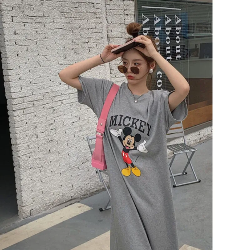 Brand Trend  Summer New Women Dress Mickey Mouse Cartoon Loose Short-sleeved Over-the-knee Long T-shirt Skirt Popular Korea