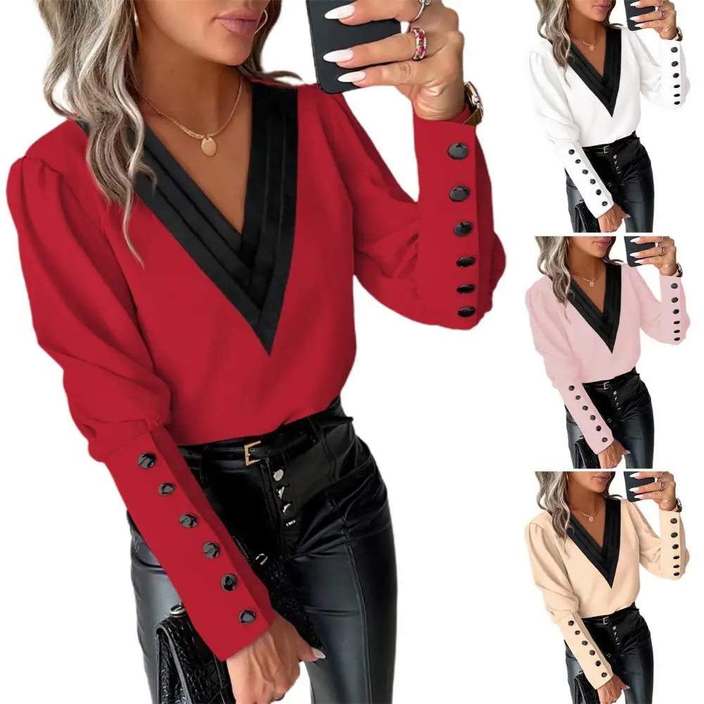 Women Shirt V Neck Button Decor Long Sleeve Blouse for Women Soft Patchwork Pullover with Contrast Color Ol Commute Style Lady