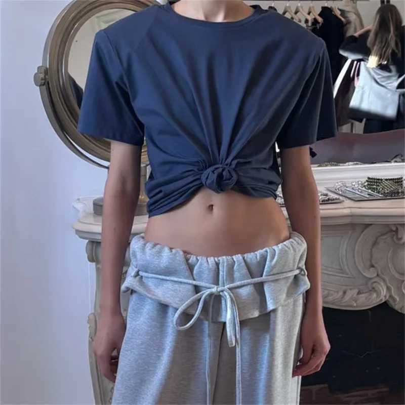 women's t-shirt New elastic round neck pullover for autumn 2026 Shoulder padded slim fit women's short sleeved top y2k crop top
