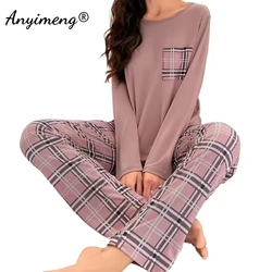 Women Long Sleeved Plaid Pants Pajamas Autumn Winter Woman Homewear Soft Loose Casual Outside Pjs Round Collar Nightwear