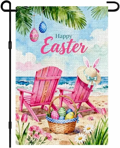 Happy Easter Garden Flag Pink Beach Chair Style Double Sided, 12x18 Inch XXQ