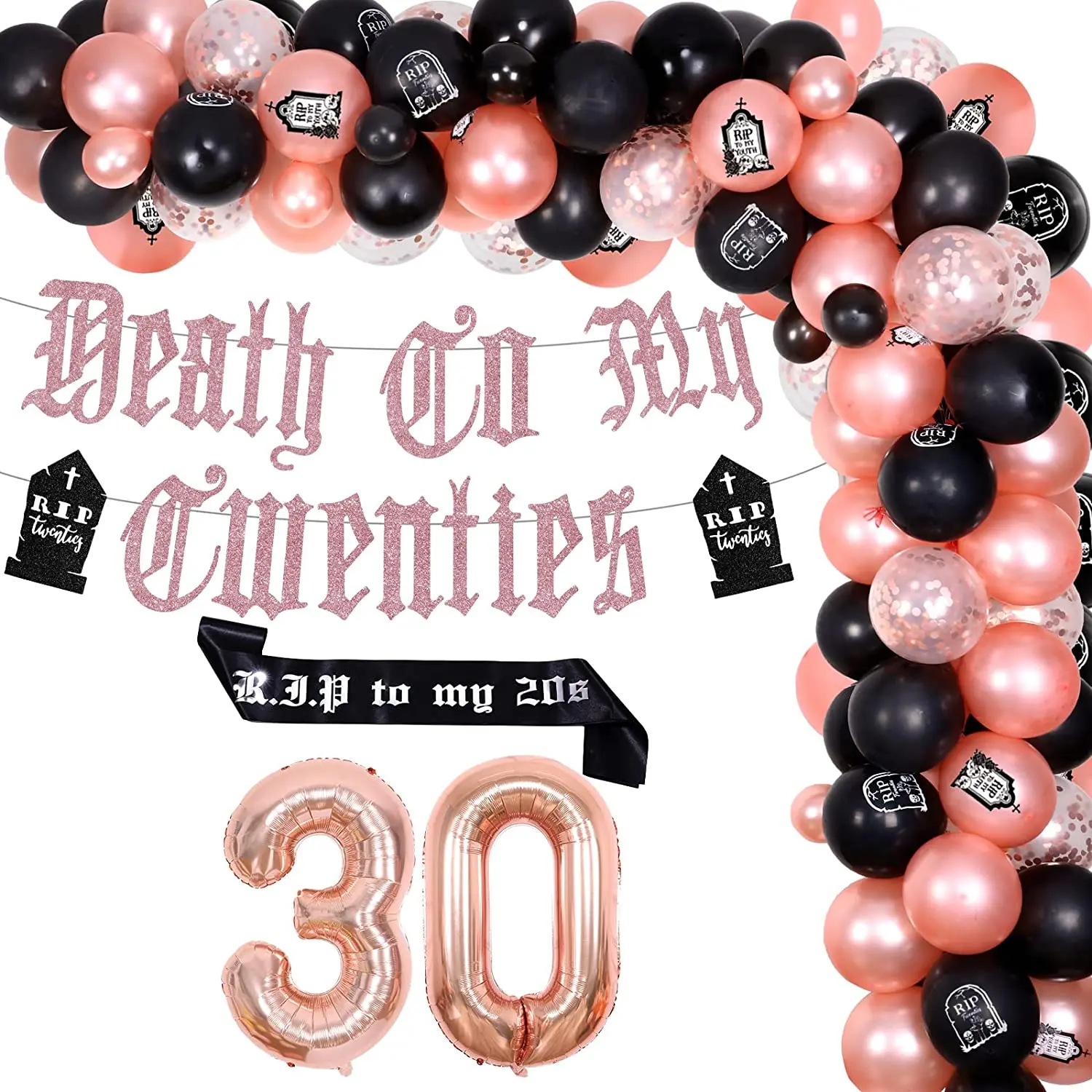 

Birthday Party Decorations for Women, Rose Gold, Death To My Twenties Banner, Rip To My 20s Sash, 30th Birthday Decor